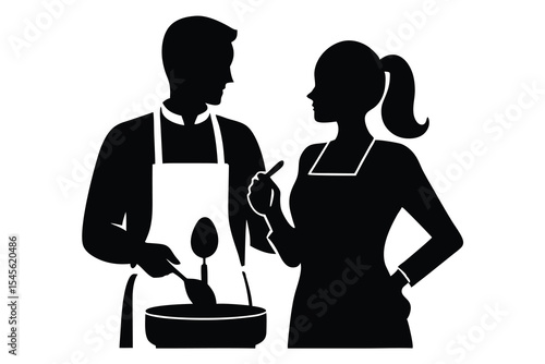 Silhouette couple cooking together in kitchen
