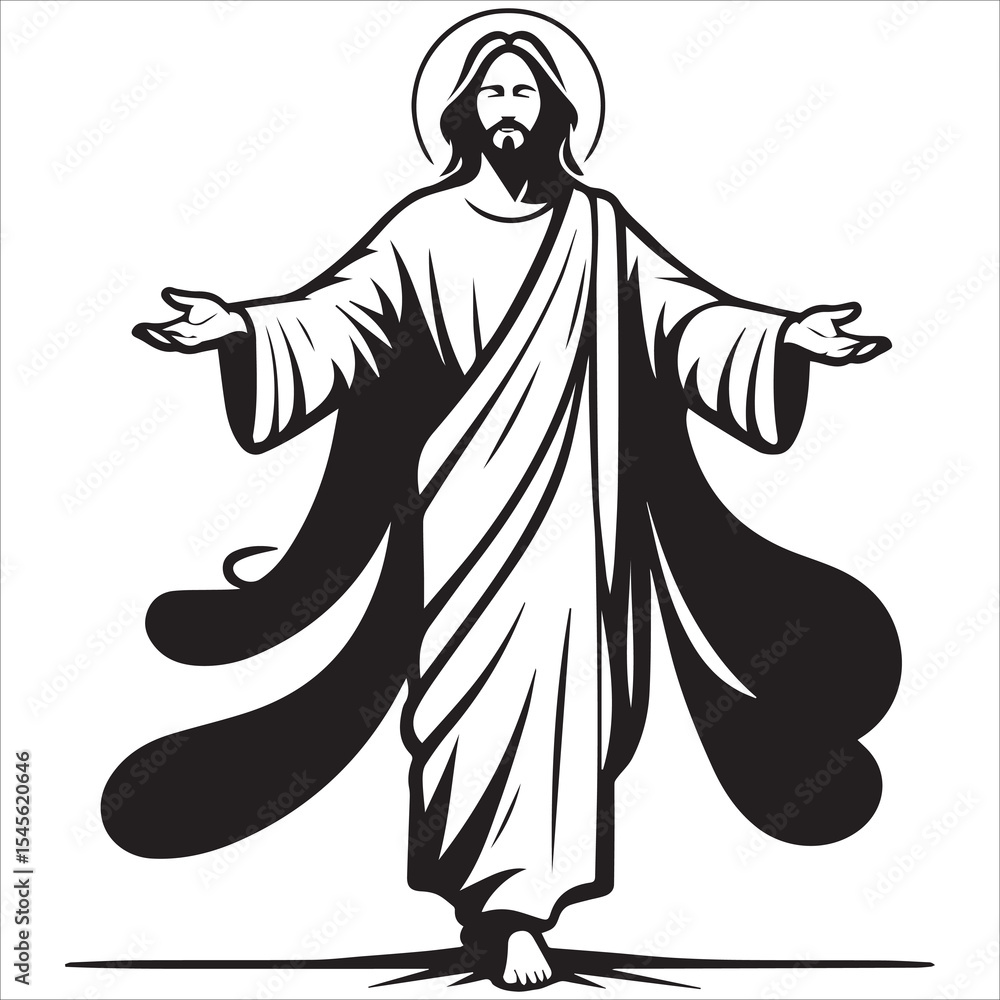 Fototapeta premium Jesus with Open Arms vector illustration in black and white