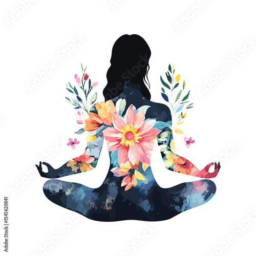 Artistic double exposure style illustration of a woman in yoga pose with colorful flowers.