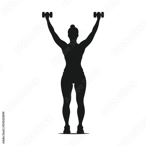 Rear view silhouette of a woman performing a dumbbell shoulder press exercise.