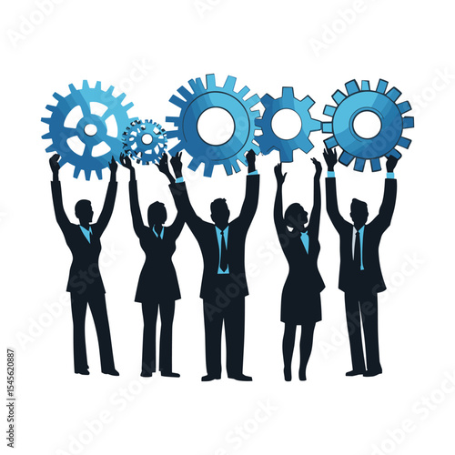 Business team holding up gears, a vector concept for teamwork, strategy, and collaboration.