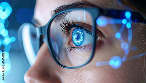 Vision of Tomorrow: A close-up, high-tech, cinematic perspective reveals a glimpse into the future of digital innovation through a striking combination of cybernetic eyes, technology.