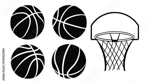 A collection of monochrome basketballs and a basketball hoop isolated on white background