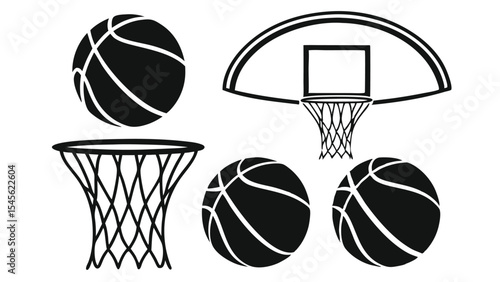 Black and white basketball graphics set featuring basketballs nets and backboards for sporty designs