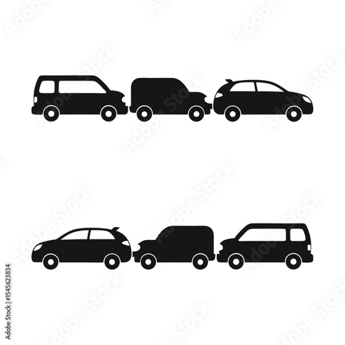 Black Silhouettes of Four Cars Connected in Two Rows on White Background Simple Vehicle Icons
