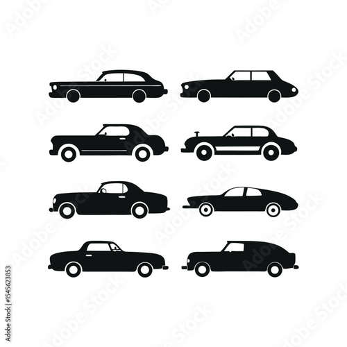 Nine Black Classic Car Silhouettes Vector Graphic Illustration Side View cars automobile