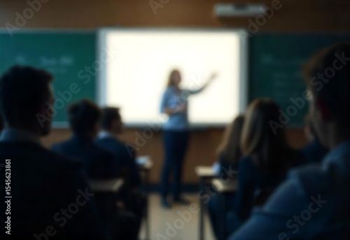 Generative AI Blurred view of a teacher lecturing in a classroom with students
