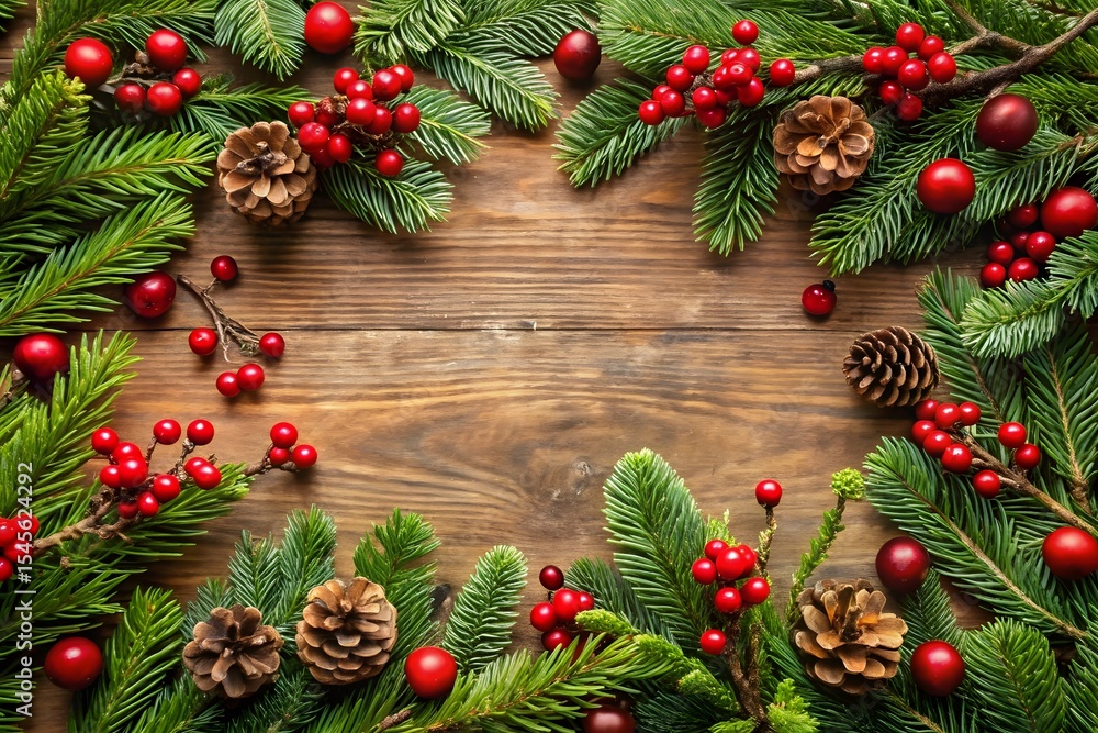 Rustic christmas border with pine branches berries and pinecones Rustic christmas border with pine branches berries and pinecones