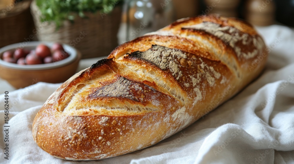 Loaf of Crusty Bread on Cloth Loaf of Crusty Bread on Cloth