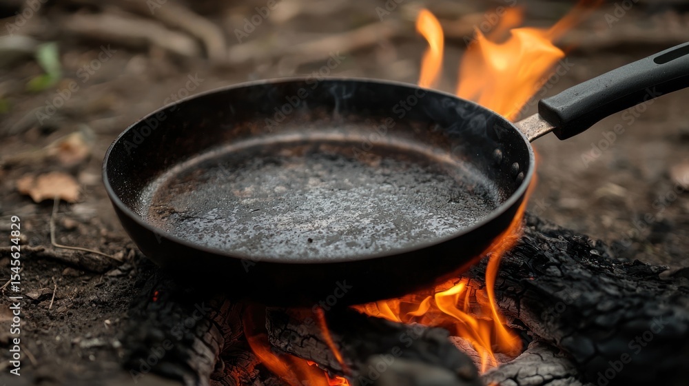 Close-up of a frying pan handle held over a hot flame Close-up of a frying pan handle held over a hot flame