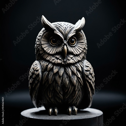 Animal owl concrete statue on black background, centered and detailed