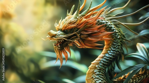A vibrant dragon with intricate scales and flowing hair, standing amidst lush green foliage in a serene, natural setting.