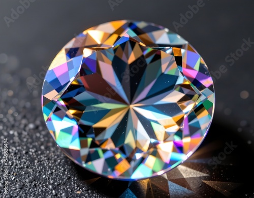 a multifaceted gemstone with iridescent hues reflecting light on a dark surface, position the at the bottom with clear copy space at the top, under clear daylight.
