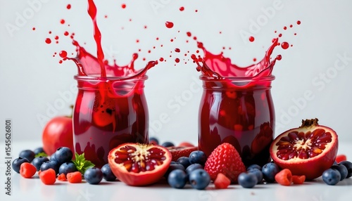capture a dynamic splash of pomegranate and blueberry juices with fresh fruit, positioned at the top with copy space at the bottom, under side lighting, perfect for photo use.