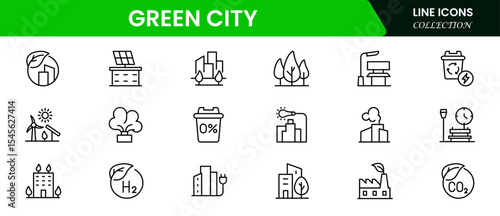 Sustainable vector web line icons depicting green cities, eco-friendly infrastructure, renewable energy, urban greenery, and environmentally conscious living.