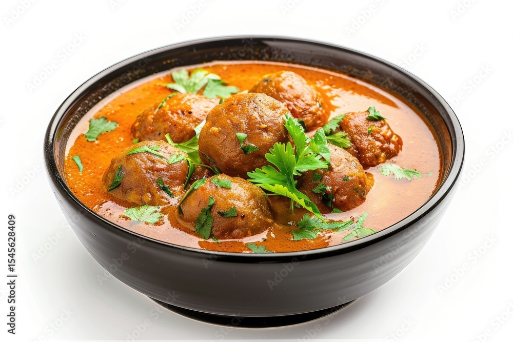 Malai Kofta in Black Bowl with Potato and Paneer Balls in Tomato Gravy, Indian Dish Malai Kofta in Black Bowl with Potato and Paneer Balls in Tomato Gravy, Indian Dish