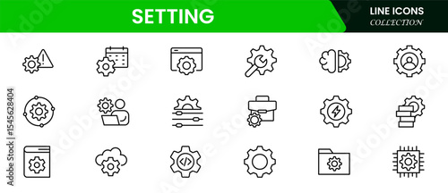 Sleek vector web line icons depicting settings, configurations, tools, adjustments, and system optimization for seamless digital functionality and control.