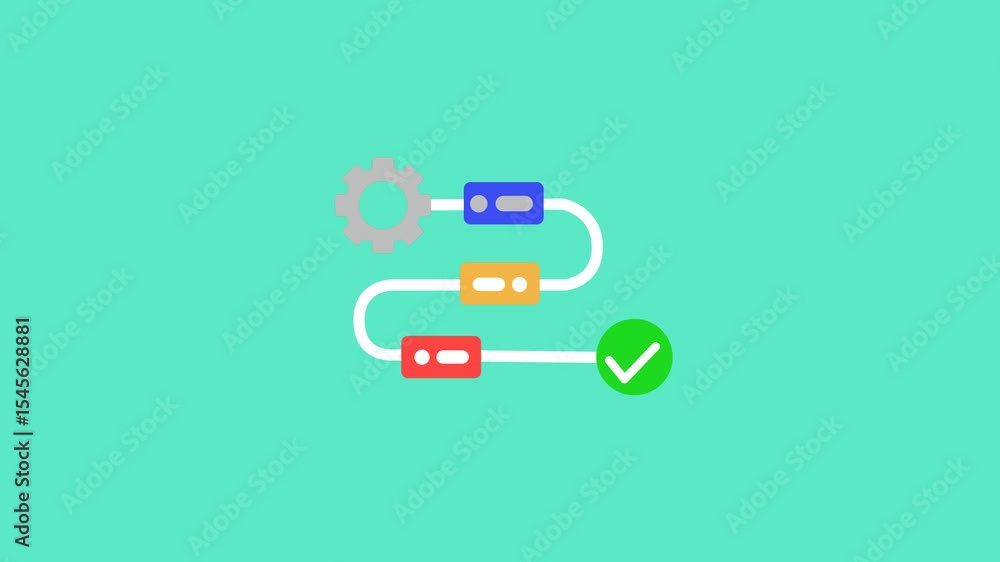 Animated Workflow Process with Gear and Checkmark for Task Completion in Flat Style Animated Workflow Process with Gear and Checkmark for Task Completion in Flat Style