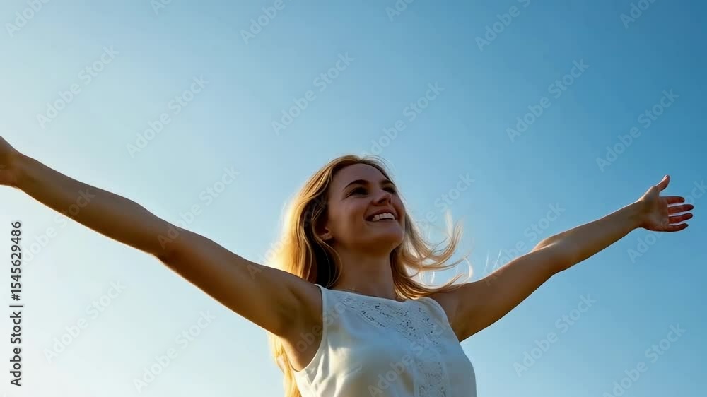 Woman with arms outstretched smiles against a clear blue sky, embodying freedom and joy Woman with arms outstretched smiles against a clear blue sky, embodying freedom and joy