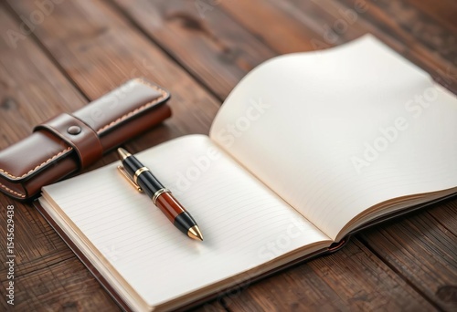 Wallpaper Mural Elegant pen, notebook, and leather pencil case rest on rustic wooden table,  leather goods,  wooden table Torontodigital.ca