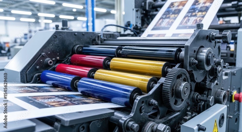 Fototapeta premium Industrial offset printing press with colorful rollers actively printing in a factory