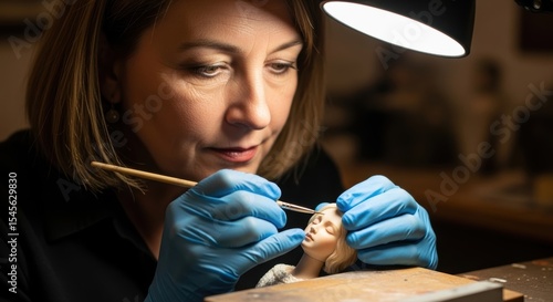 A skilled woman miniaturist artist meticulously painting the intricate face of a small figurine.