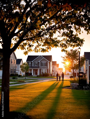 Sunset stroll through suburban neighborhood