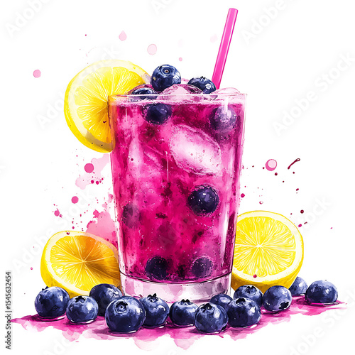 Refreshing Blueberry Lemonade with Ice and Slices of Lemon
