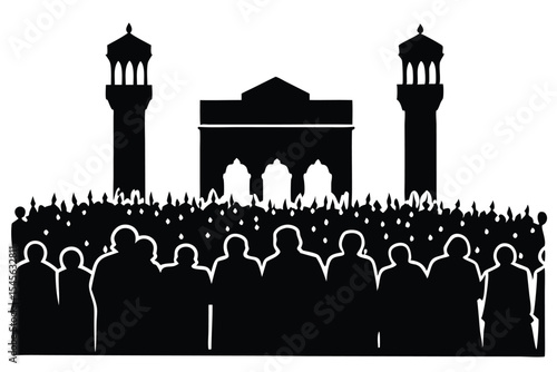Jamarat pillars silhouette with hajj crowd background
