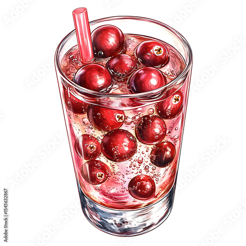 Cranberry Sparkling Drink in a Glass with Ice and Straw