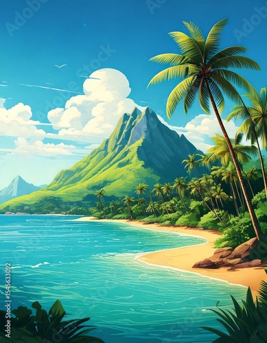 tropical island with palm trees and mountain at the day