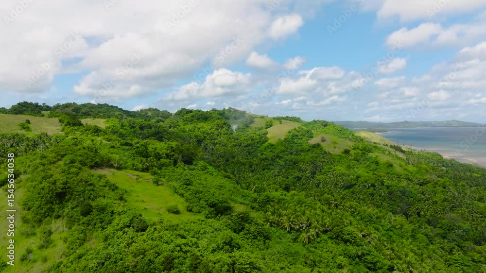 Vibrant green hills surrounded by tropical vegetation with a view of the blue ocean under a bright sky. Santa Fe, Tablas, Romblon, Philippines. Vibrant green hills surrounded by tropical vegetation with a view of the blue ocean under a bright sky. Santa Fe, Tablas, Romblon, Philippines.