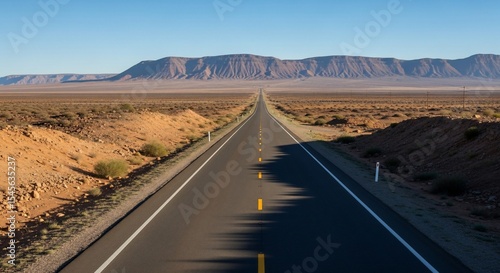 Desert Highway to Distant Mountains: A Straight Road Through Arid Landscape
