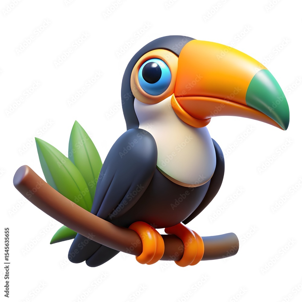 Naklejka premium Adorable 3d cartoon toucan perched on branch isolated on white background