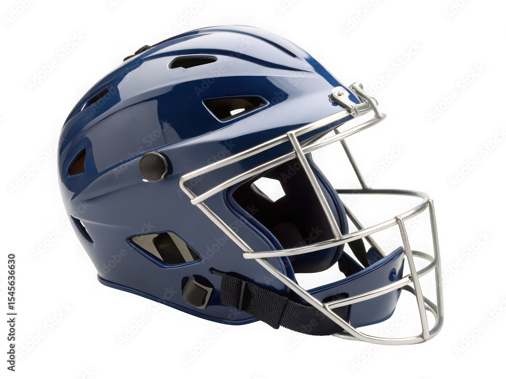 Fototapeta premium Navy blue baseball catcher's helmet with metal cage, protective gear, sports equipment, side view