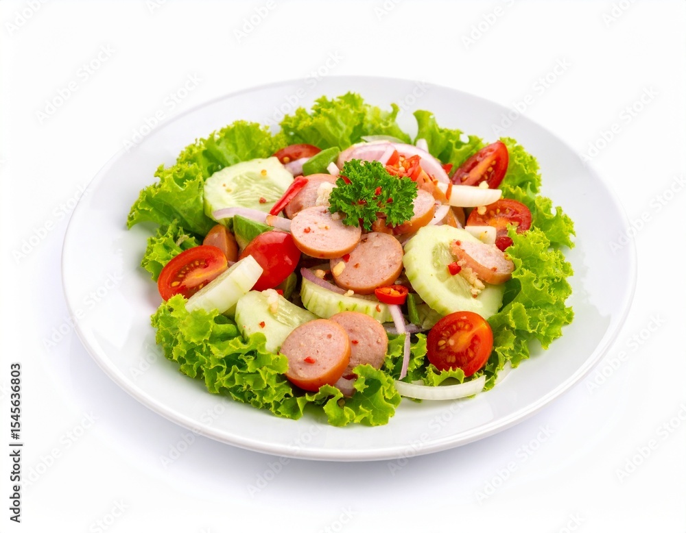 Delicious salad with vegetable and sausage on plate for healthy eating a great choice for lunch. Delicious salad with vegetable and sausage on plate for healthy eating a great choice for lunch.