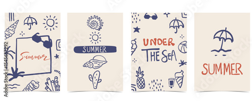 cute doodle summer background with shell,coral,tree for vertical A4 design