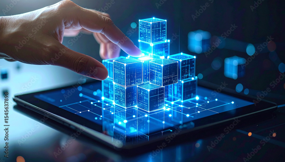 Digital Touch: A futuristic composition of a hand interacting with a glowing digital cube structure on a tablet, symbolizing technology's power. Digital Touch: A futuristic composition of a hand interacting with a glowing digital cube structure on a tablet, symbolizing technology's power.