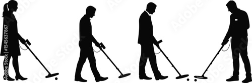 Silhouettes of men and women using metal detectors, searching for objects on ground, treasure hunting concept, isolated black figures, hobby exploration, outdoor search equipment illustration