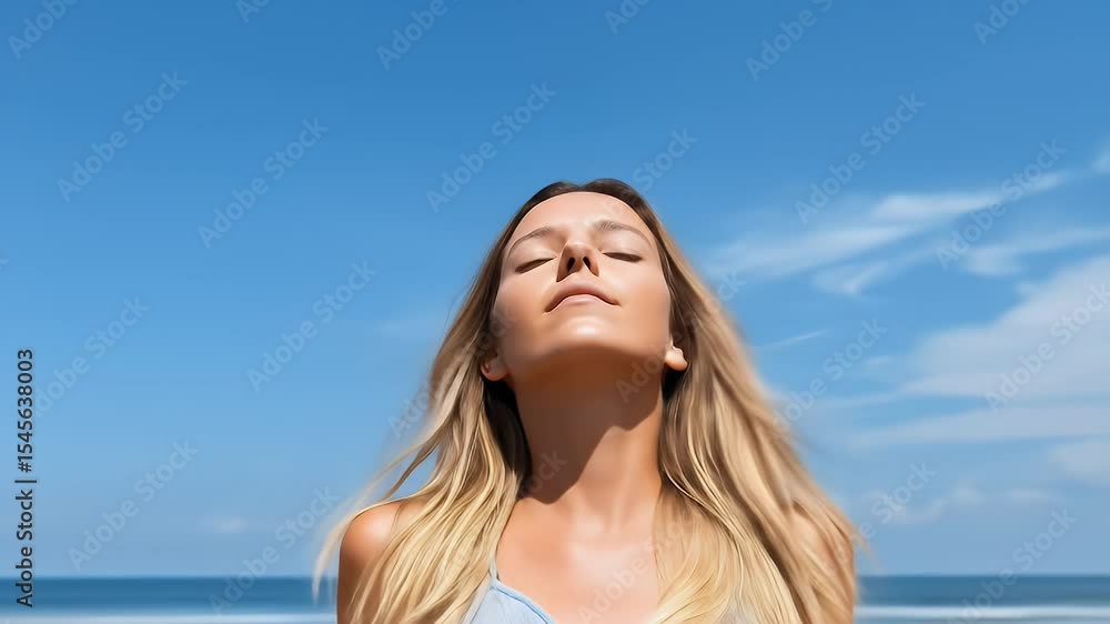 Woman looking up at a clear blue sky Woman looking up at a clear blue sky