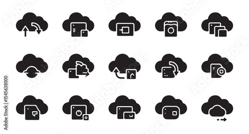 A collection of simple, black and white cloud computing icons depicting various data transfer actions vector art on white