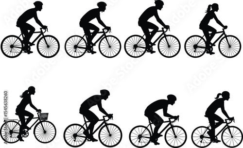 Silhouette of men and women riding bicycles, cycling in various positions, fitness lifestyle, outdoor sport concept, healthy transportation, bike exercise, vector illustration for graphic design