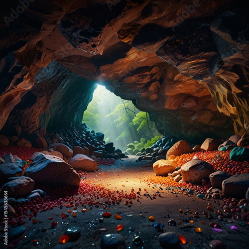 a picture of a room in a cave that is sparkling with colorful stones and there is a beautiful spring in the room.