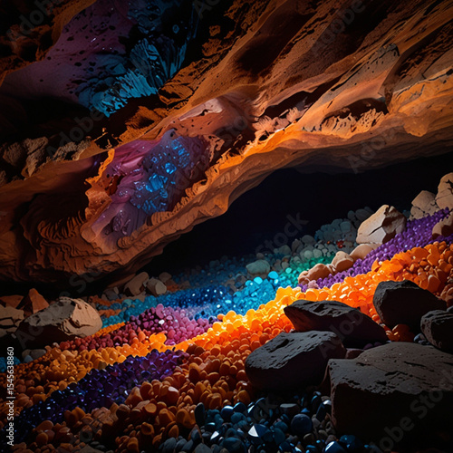 a picture of a room in a cave that is sparkling with colorful stones and there is a beautiful spring in the room.