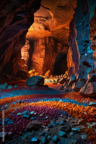 a picture of a room in a cave that is sparkling with colorful stones and there is a beautiful spring in the room.