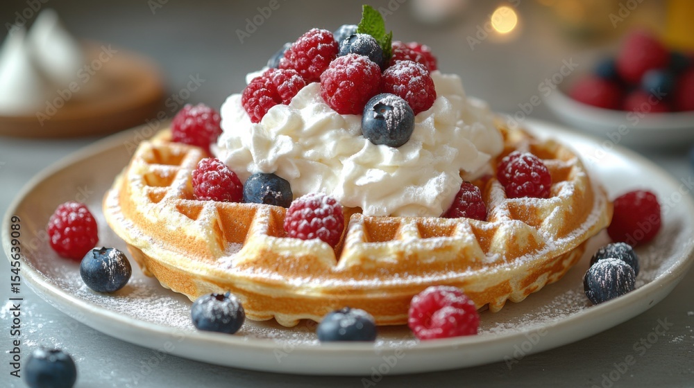 Waffle with Whipped Cream and Berries on Plate Waffle with Whipped Cream and Berries on Plate