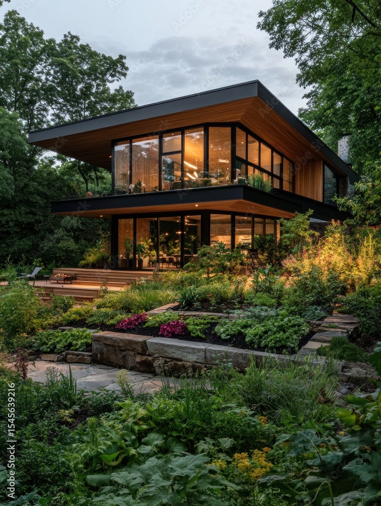 A modern house surrounded by lush green trees A modern house surrounded by lush green trees