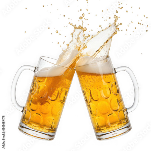 Two beer steins clinking with splashing beer isolated on transparent background