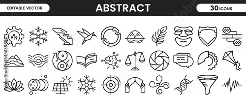 Clean abstract icons collection with circular gears, leaf symbols, molecular structures, scales, and geometric forms for science and tech themes.