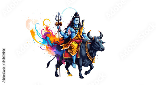 Colorful illustration of hindu deity shiva riding nandi